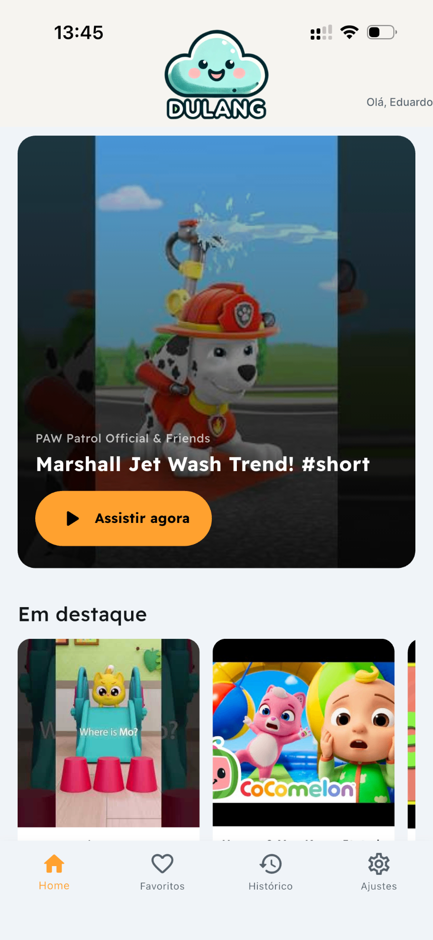 Tela inicial do app Dulang